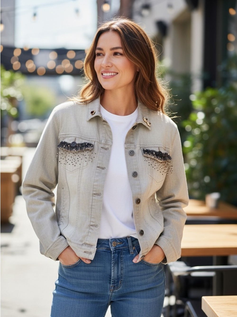 Goodfellow & Co Light Beige Beaded Denim Jacket - Women